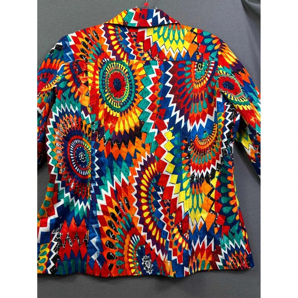Chicos Women's Multi Color Geometric Sunburst Print Button‎ Front Jacket Size 1